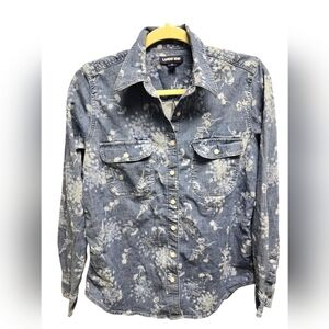 Lands' End Floral Denim Shirt Button Front Long Sleeve Blue Sz. 6-8